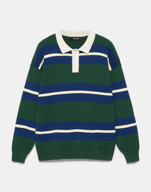 Pull&Bear Striped knit polo shirt in bottle green, 5 of 7