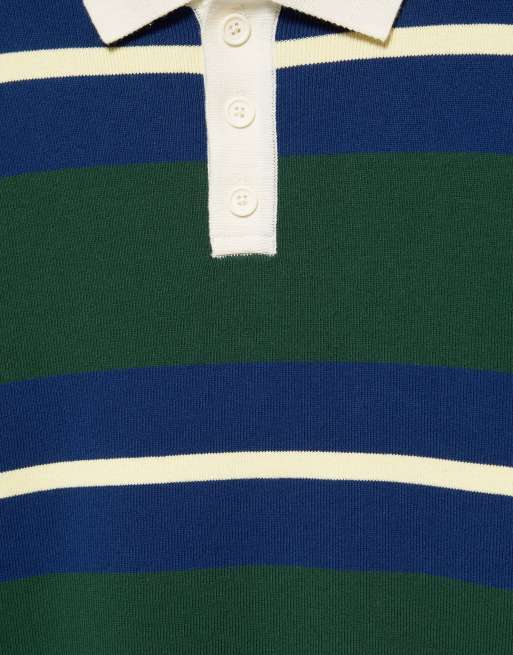 Pull&Bear Striped knit polo shirt in bottle green, 6 of 7