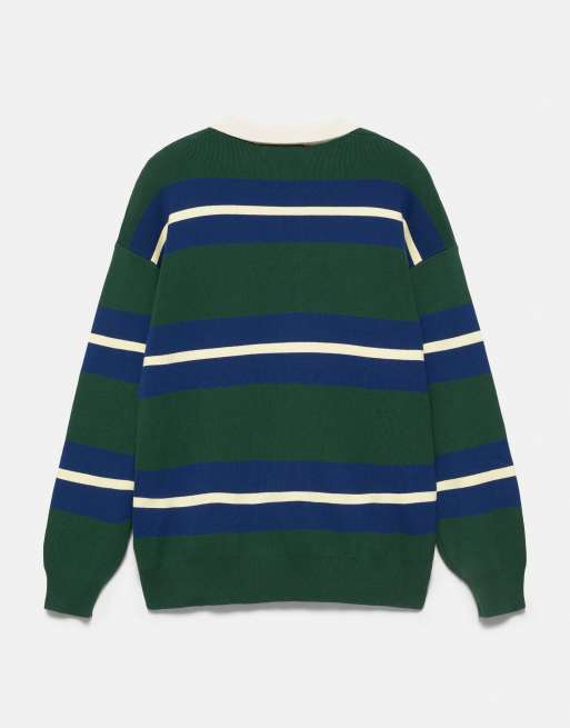 Pull&Bear Striped knit polo shirt in bottle green, 7 of 7