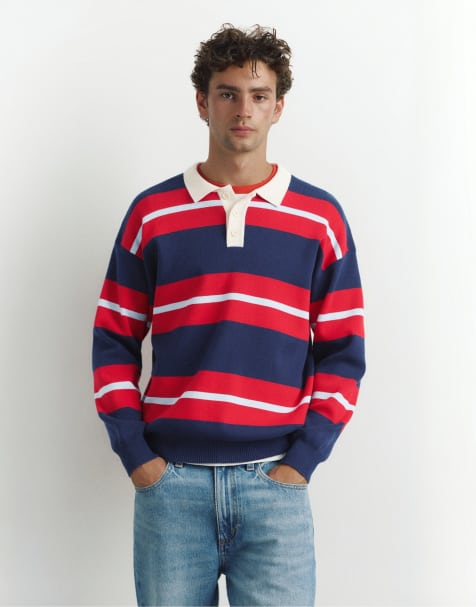 Pull&Bear Striped knit polo shirt in navy - view 1