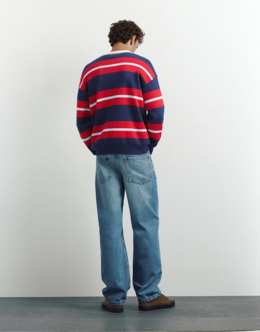 Pull&Bear Striped knit polo shirt in navy, 2 of 7
