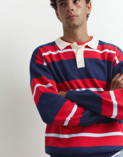 Pull&Bear Striped knit polo shirt in navy, 3 of 7