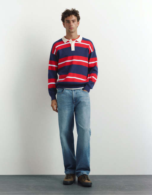 Pull&Bear Striped knit polo shirt in navy, 4 of 7