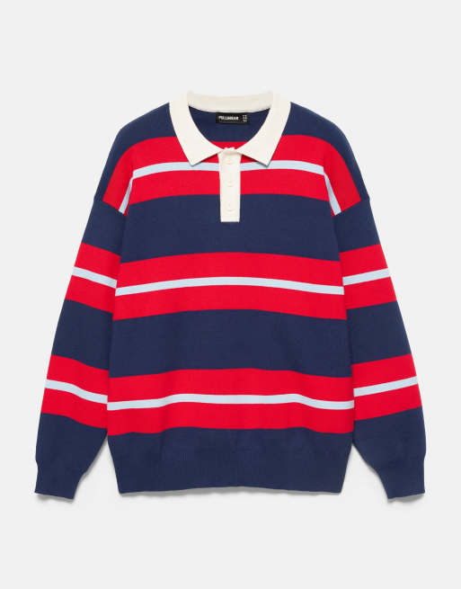 Pull&Bear Striped knit polo shirt in navy, 5 of 7