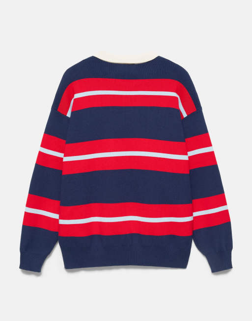 Pull&Bear Striped knit polo shirt in navy, 7 of 7