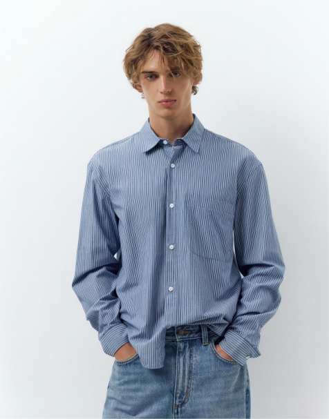 Pull&Bear Striped long sleeve shirt in pale blue - view 1