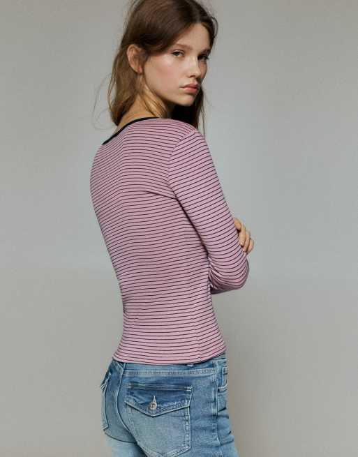 Pull&Bear Striped long sleeve t-shirt in pink, 2 of 7