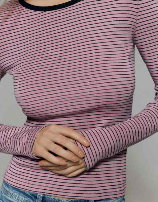 Pull&Bear Striped long sleeve t-shirt in pink, 3 of 7