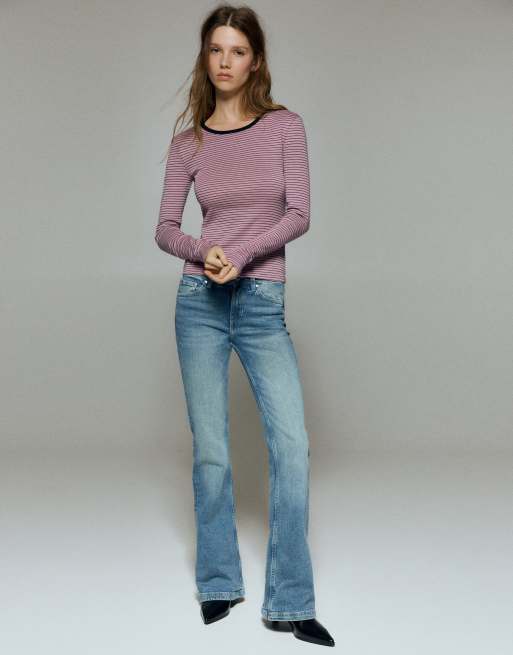 Pull&Bear Striped long sleeve t-shirt in pink, 4 of 7
