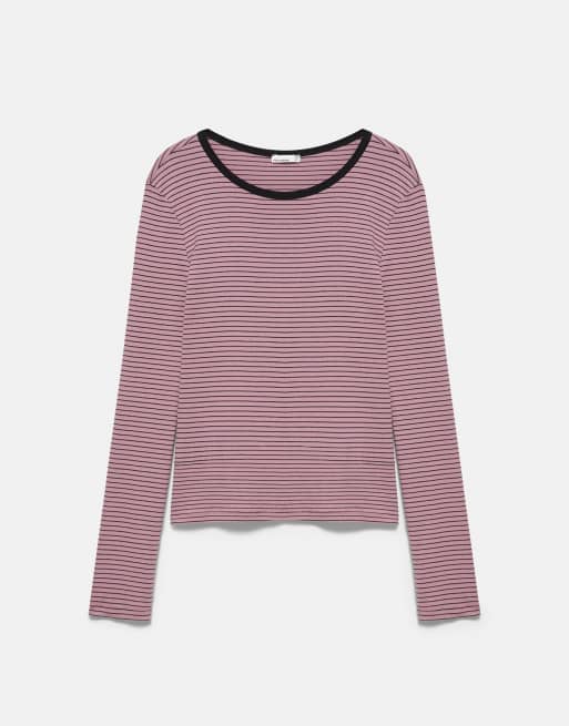 Pull&Bear Striped long sleeve t-shirt in pink, 5 of 7