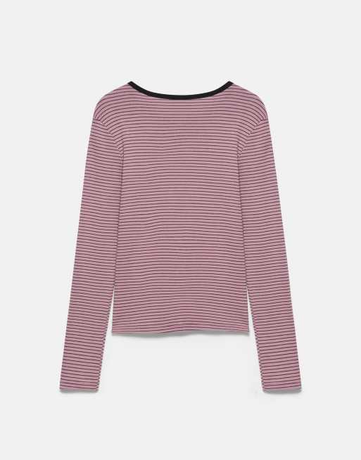 Pull&Bear Striped long sleeve t-shirt in pink, 7 of 7