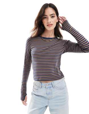 striped long sleeve top in navy and brown-Red