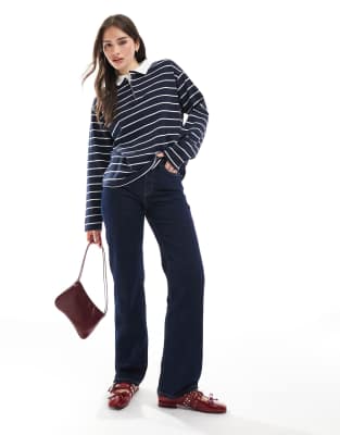 striped long sleeved rugby top in navy