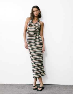 Pull & Bear Striped midi dress with sequins in striped-Multi