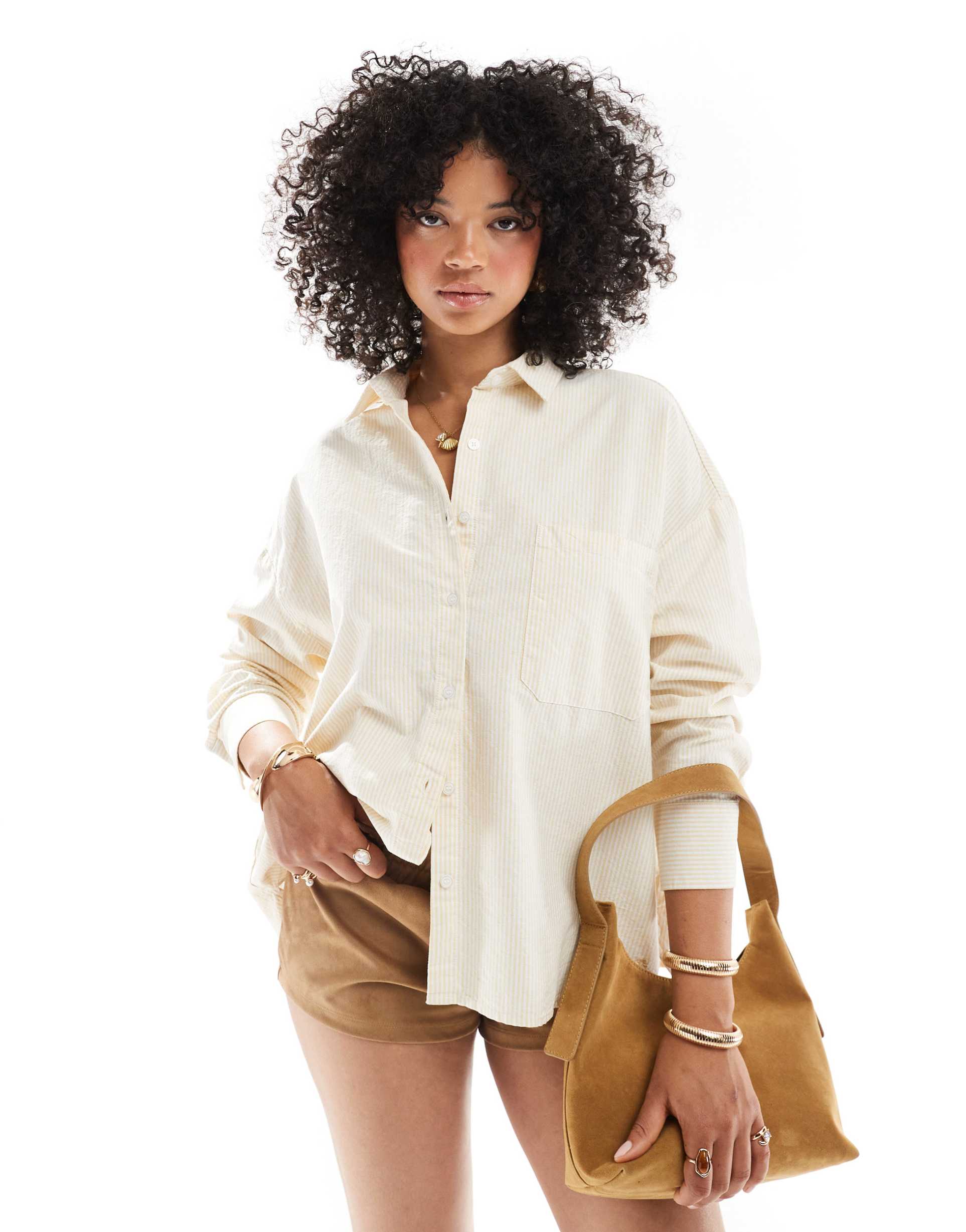 pull&bear striped oversized shirt in buttermilk yellow