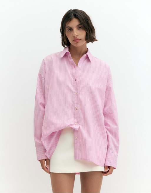 Pull&Bear Striped oversized shirt in pink, 2 of 7