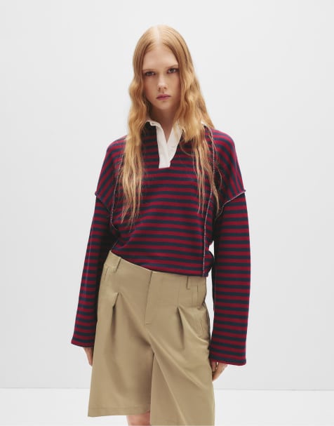 Pull&Bear Striped polo collar sweatshirt in striped - view 1