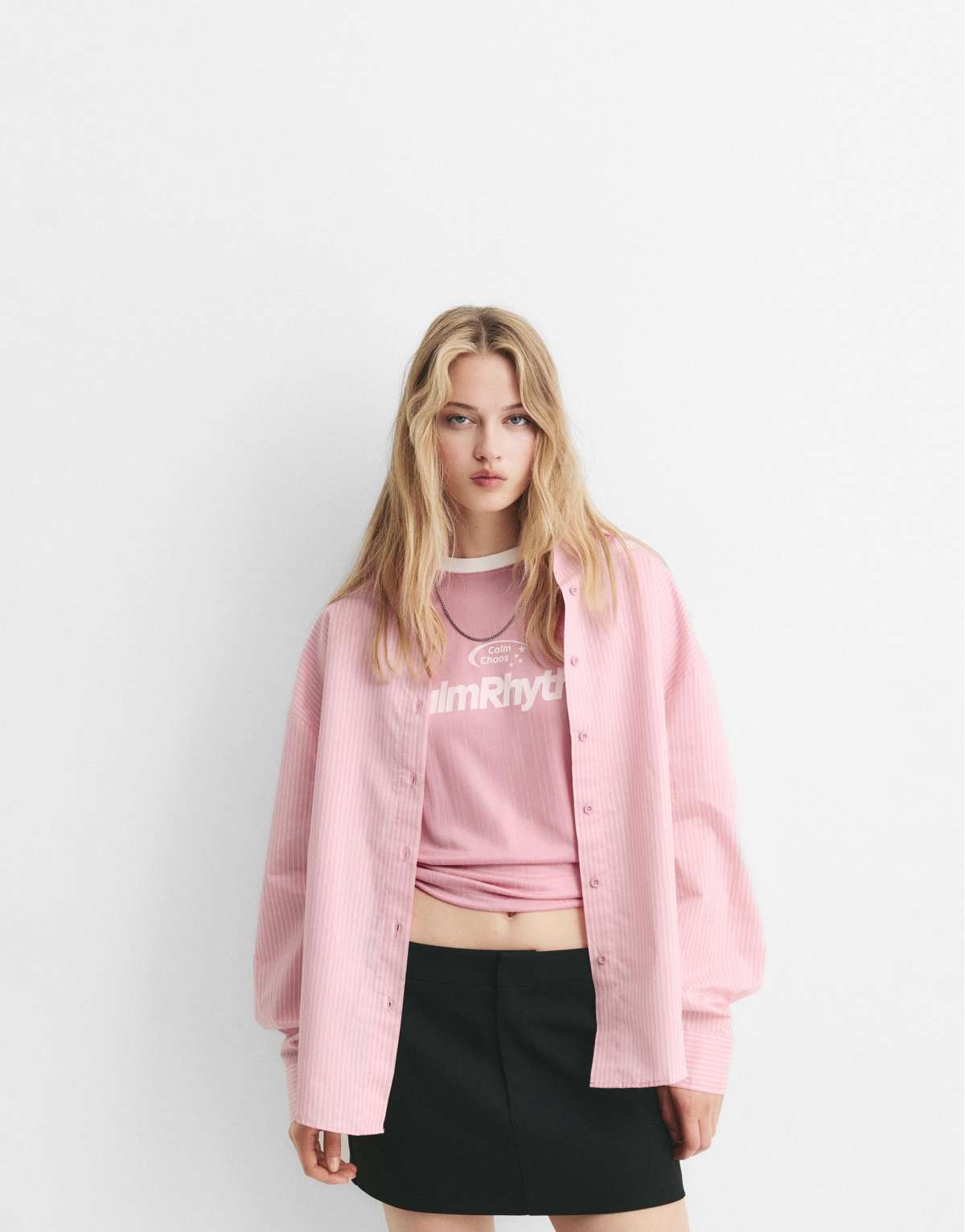 Pull&Bear Striped poplin shirt in pink