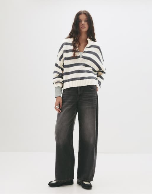 Pull&Bear Striped quarter-zip sweater in sand