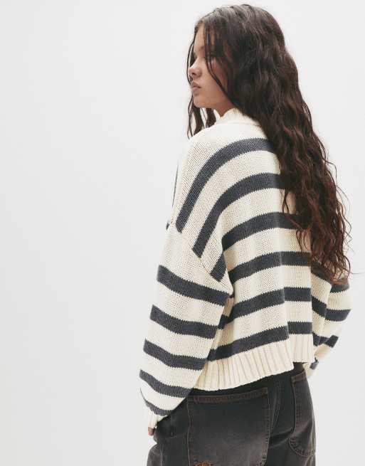Pull&Bear Striped quarter-zip sweater in sand
