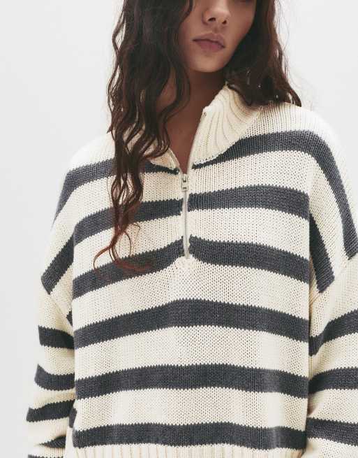 Pull&Bear Striped quarter-zip sweater in sand