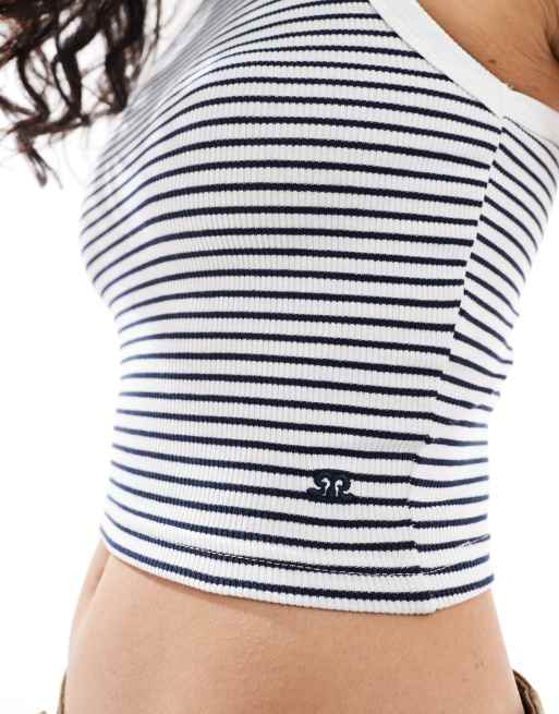 Pull&Bear striped racer neck ribbed tank top in white
