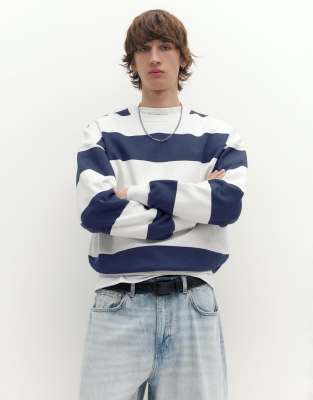 Pull & Bear Striped Round Neck Sweatshirt In Blue