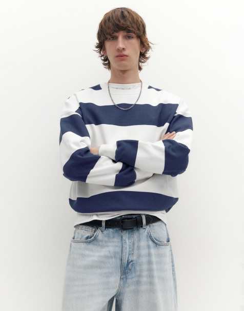 Pull&Bear Striped round neck sweatshirt in blue - view 1
