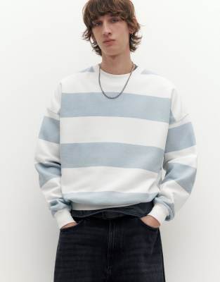 Pull & Bear Striped Round Neck Sweatshirt In Blue