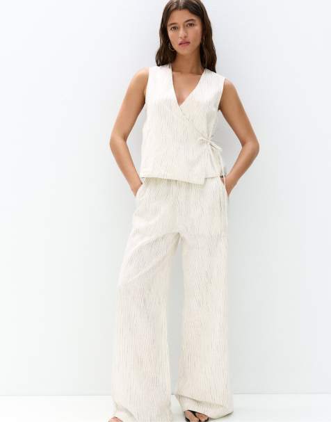 Pull&Bear striped rustic joggers in medium ecru