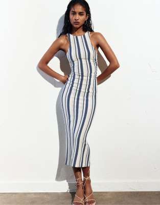 Pull&Bear striped rustic midi dress in blue - view 1