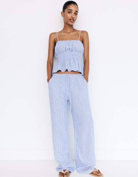 Pull&Bear Striped rustic sweatpants in blue