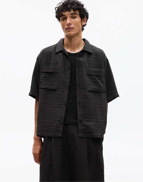 Pull&Bear striped seersucker shirt in black - view 1
