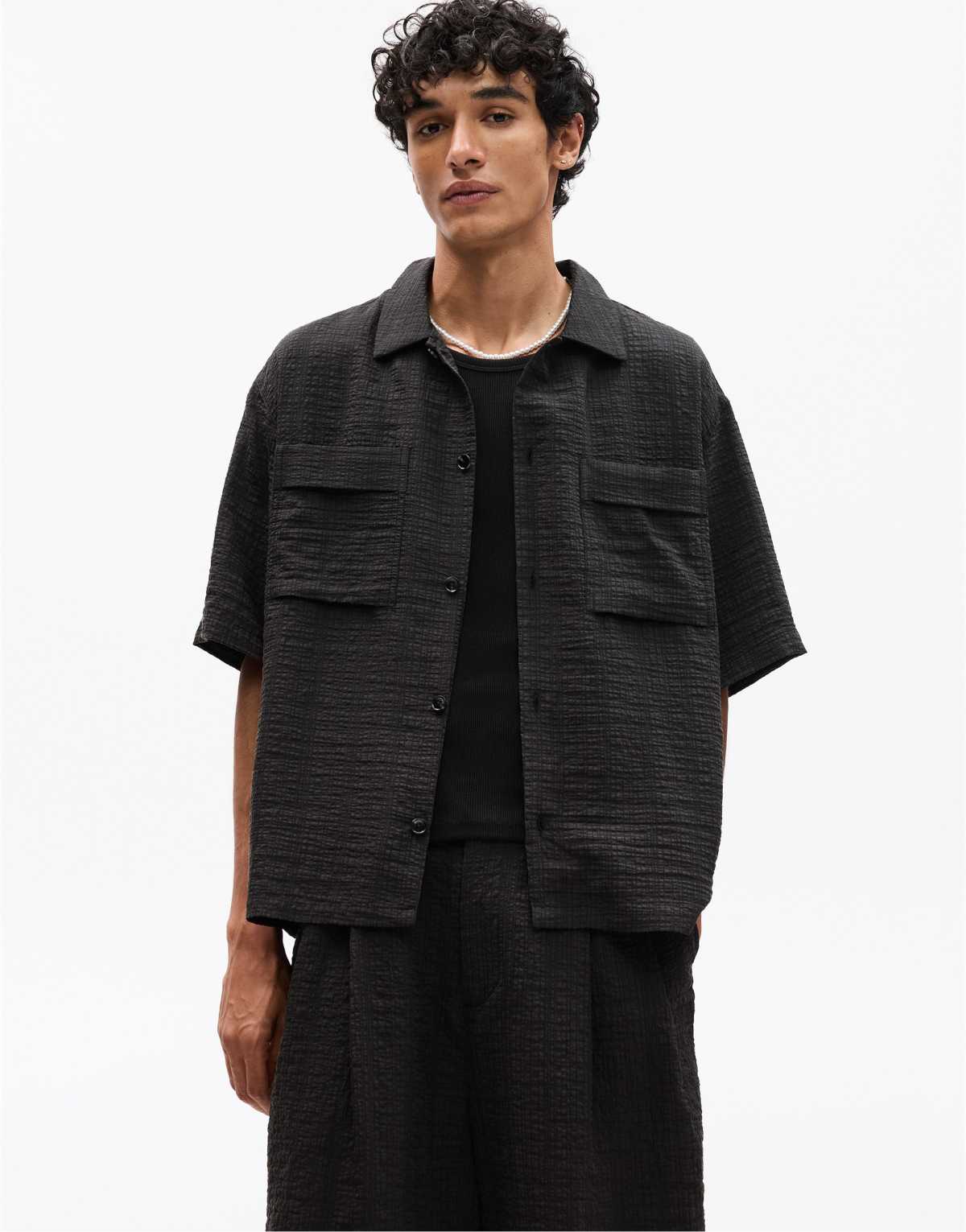 Pull&Bear striped seersucker shirt in black