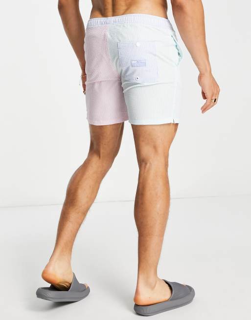 Pull&Bear striped seersucker swim shorts in pink and blue