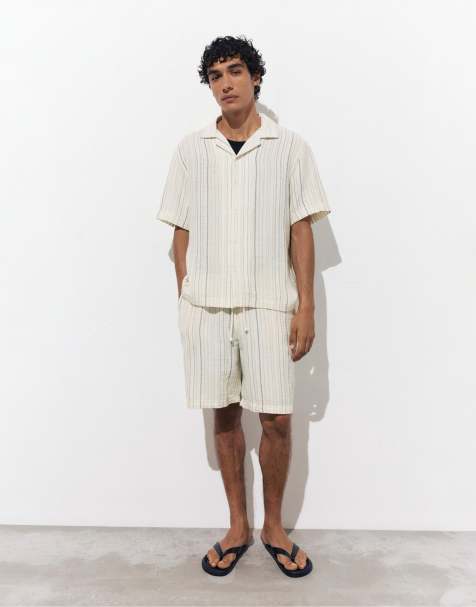 Pull&Bear striped set in white & navy - view 1