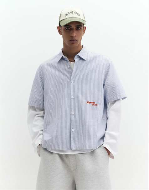 Pull&Bear Striped short sleeve poplin shirt in blue - view 1