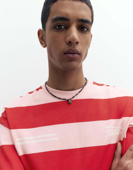 Pull&Bear Striped short sleeve t-shirt in pink, 3 of 4