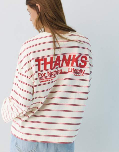Pull&Bear Striped slogan long sleeve t-shirt in butter - view 1