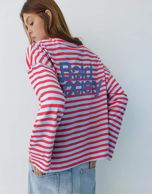 Pull&Bear Striped slogan long sleeve t-shirt in medium blue