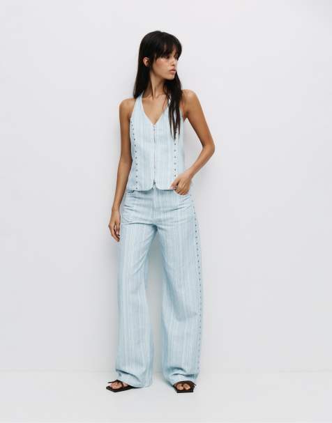Pull&Bear Striped straight-leg jeans in blue