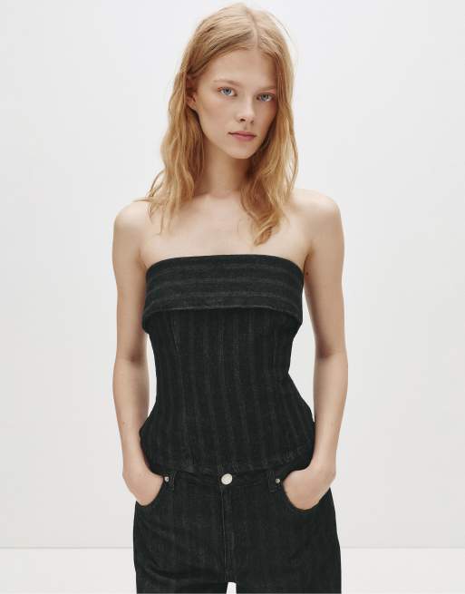 Pull&Bear Striped strapless top in black