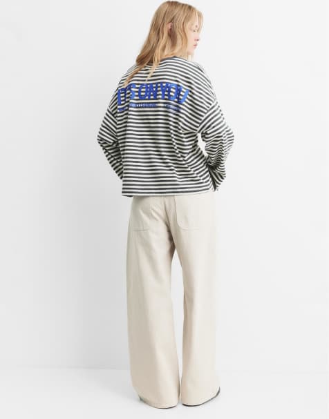 Pull&Bear Striped t-shirt with slogan in ash - view 1