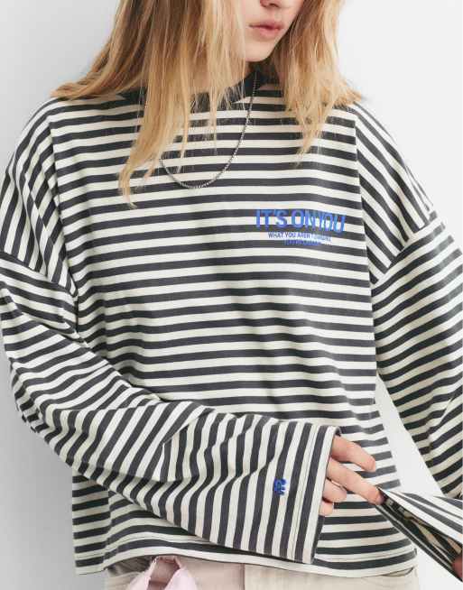 Pull&Bear Striped t-shirt with slogan in ash