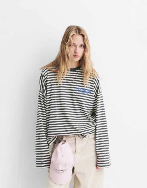 Pull&Bear Striped t-shirt with slogan in ash