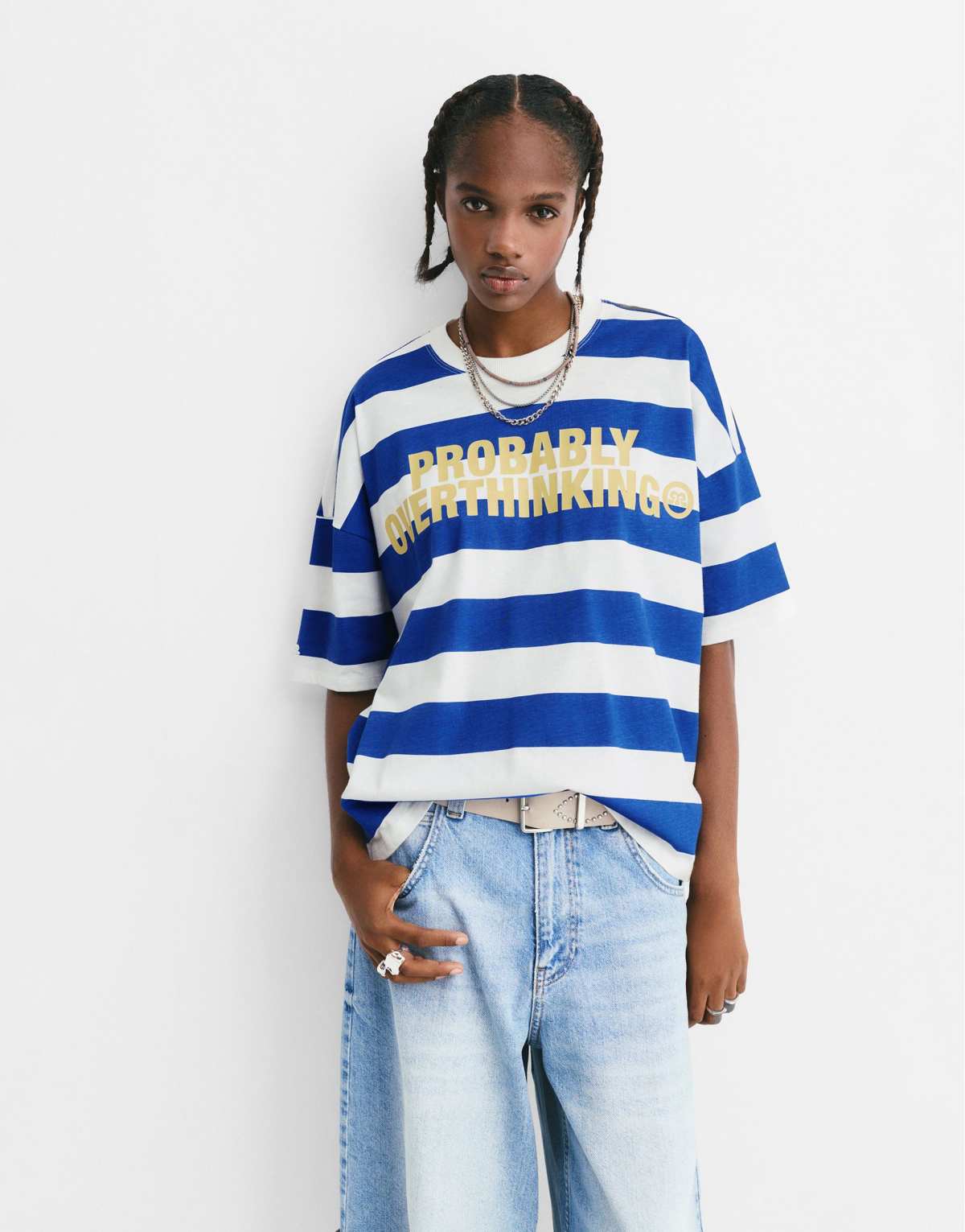 Pull&Bear Striped t-shirt with slogan in deep blue