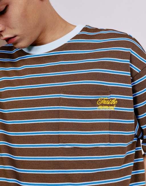 Pull&Bear Striped t-shirt with text in brown, 4 of 7