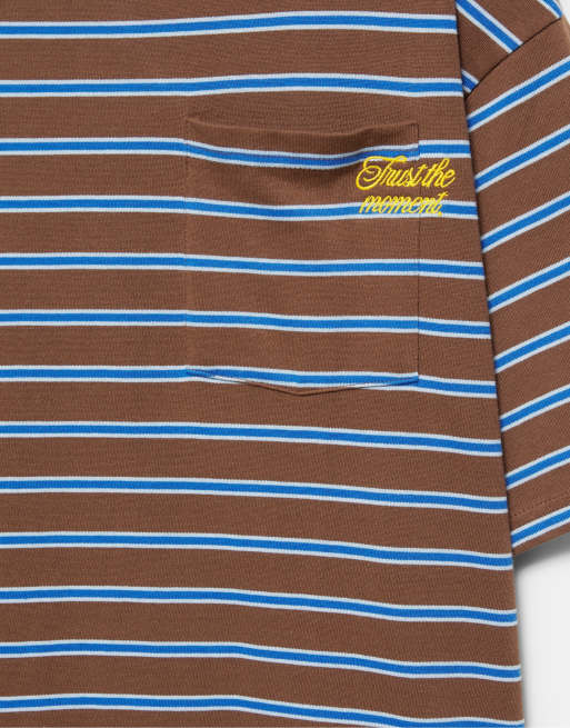 Pull&Bear Striped t-shirt with text in brown, 7 of 7