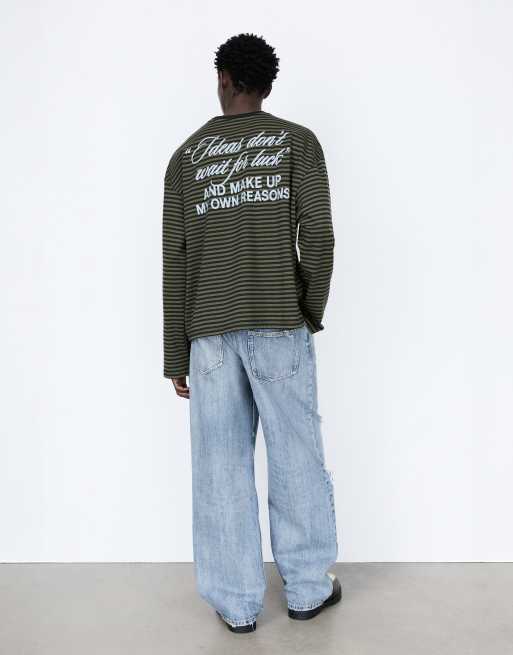 Pull&Bear Striped t-shirt with text in navy, 2 of 7