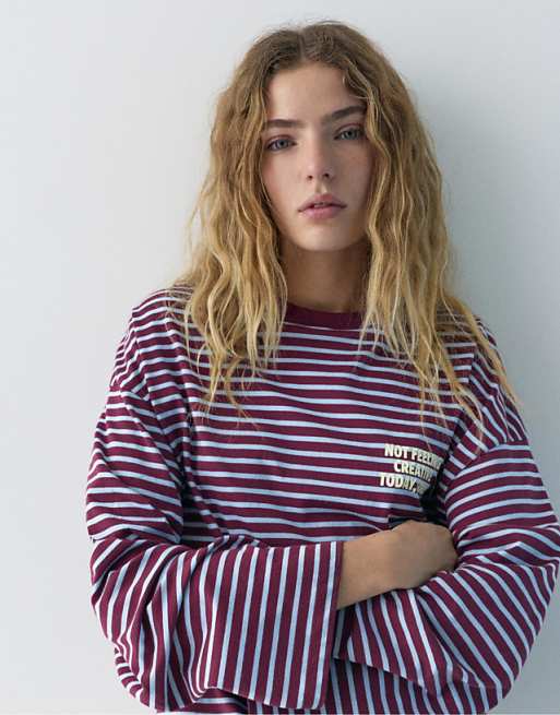 Pull&Bear Striped text t-shirt in burgundy